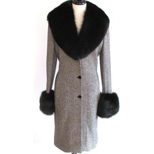 Designer Les Copains Black/White Tweed Fox Fur Collar Knee Length Coat Size 12.R